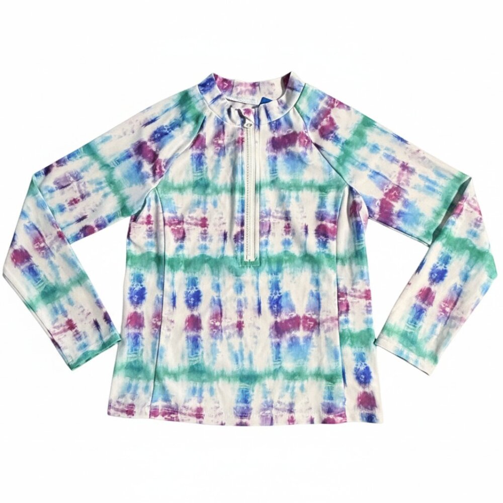 DSG Girls' Rash Guard Shirt Long Sleeves Zipper Tie Dye Multi Color NWT